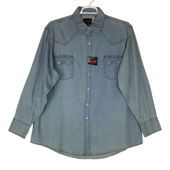 Plains Western Wear Long-Sleeve Denim Shirt XL Sawtooth Pockets Snap Closure - Picture 1 of 8